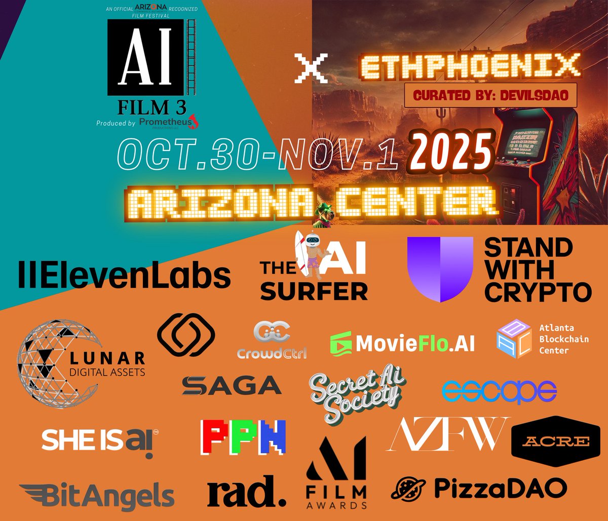 🅻🅾️🅽🅶🆂🅷🅾️🆃》🎯 (@roker_51) on Twitter photo Can I get a GM? 🔆
Experience the future of Film 🎬, Art 🎨, Music 🎵, Gaming 🎮, and Fashion 👠 with <a href="/AI_film_3/">AI Film 3 - Official</a> x <a href="/EthPhx/">Ethereum Phoenix</a>
📍 One Arizona Center
🗓️ Oct. 30 - Nov. 1, 2025
Don't miss this festival-like experience where tech meets creativity
Use PPN20 for 20% your tickets 🔥 Can I get a GM? 🔆
Experience the future of Film 🎬, Art 🎨, Music 🎵, Gaming 🎮, and Fashion 👠 with <a href="/AI_film_3/">AI Film 3 - Official</a> x <a href="/EthPhx/">Ethereum Phoenix</a>
📍 One Arizona Center
🗓️ Oct. 30 - Nov. 1, 2025
Don't miss this festival-like experience where tech meets creativity
Use PPN20 for 20% your tickets 🔥