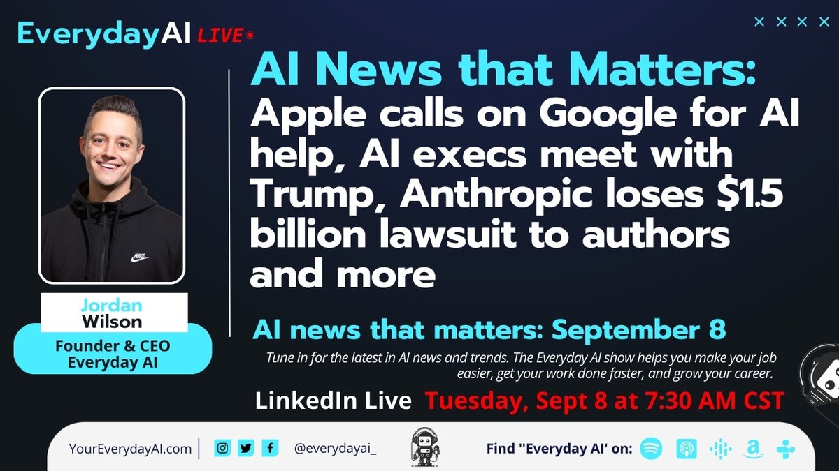Jordan Talks Everyday AI (@everydayai_) on Twitter photo Although there were no huge LLM updates this week, the big AI companies were still making moves. 
↳ Google avoided an AI breakup. 
↳ The world's most prominent AI players met with U.S. President Trump. 
↳ Apple had to get AI help from its biggest competitor. 
↳ Anthropic Although there were no huge LLM updates this week, the big AI companies were still making moves. 
↳ Google avoided an AI breakup. 
↳ The world's most prominent AI players met with U.S. President Trump. 
↳ Apple had to get AI help from its biggest competitor. 
↳ Anthropic