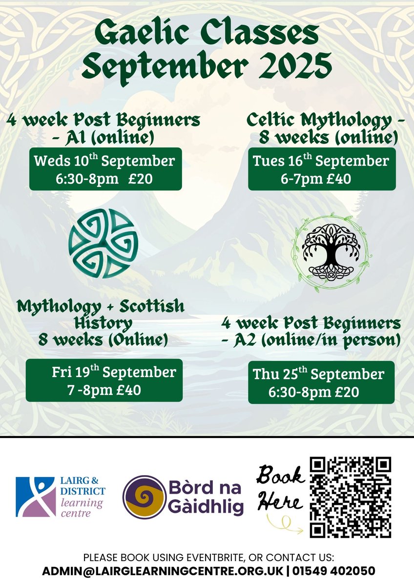 LairgLearning's tweet image. Interested in learning Gaelic or exploring Celtic mythology and Scottish history? 📷
Why not join our exciting range of online and in-person classes this September!

Big thanks to our funders @bordnagaidhlig for making these classes possible

eventbrite.com/cc/september-2…