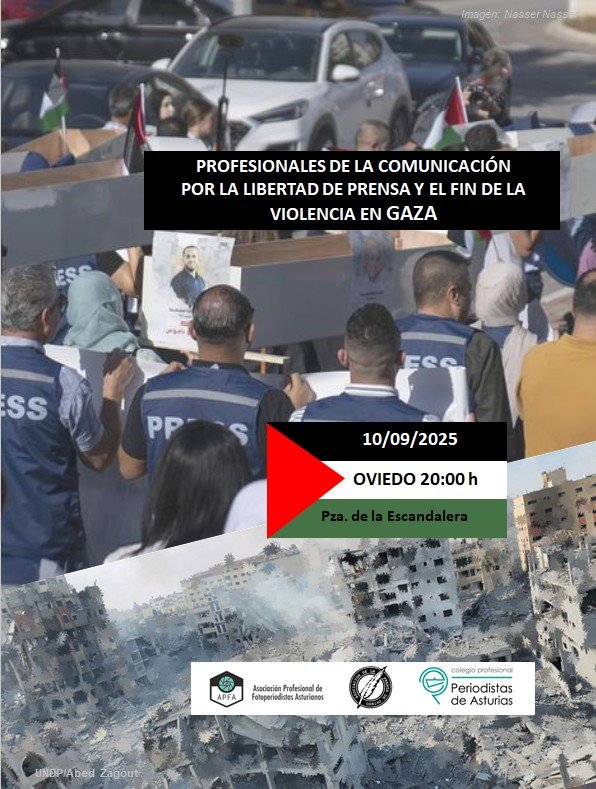La <a href="/APrensaOviedo/">Asoc. Prensa Oviedo</a> la <a href="/apfa_as/">Asociación Profesional Fotoperiodistas Asturianos</a> y el <a href="/PeriodistasAst/">Periodistas Asturias</a> por la #LibertadDePrensa y el #Findelaviolencia en #Gaza 👇
Plaza La Escandalera - Oviedo 
Miércoles 10 - 20h