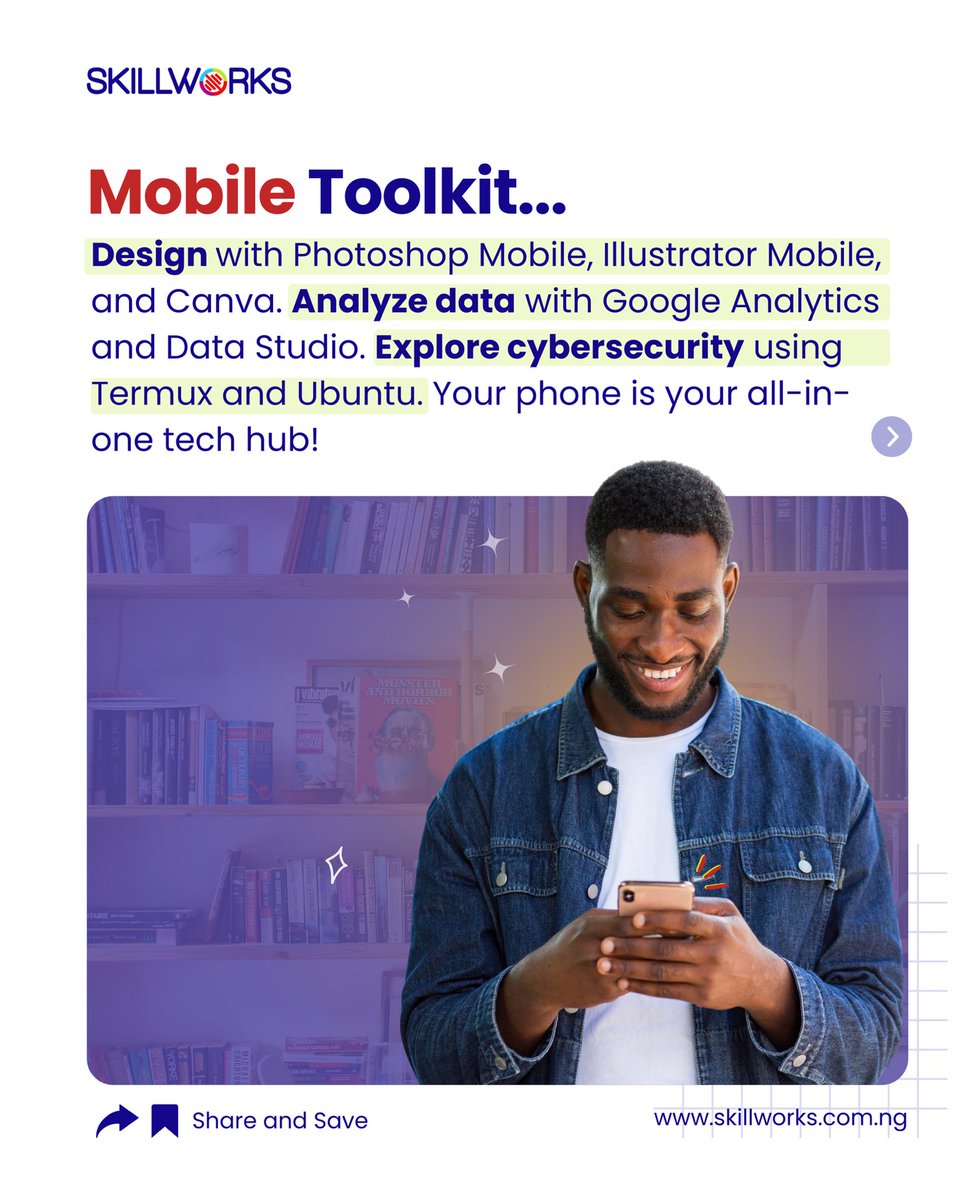 Skillworks_'s tweet photo. You don’t need a laptop to start in tech. 📱
From designing in Canva & Photoshop Mobile, to analyzing trends with Google Analytics, and even exploring cybersecurity with Termux & Ubuntu—your smartphone is enough to kickstart your journey.
#SmartphoneTechie #skillworks https://t.co/UCkvYqd675