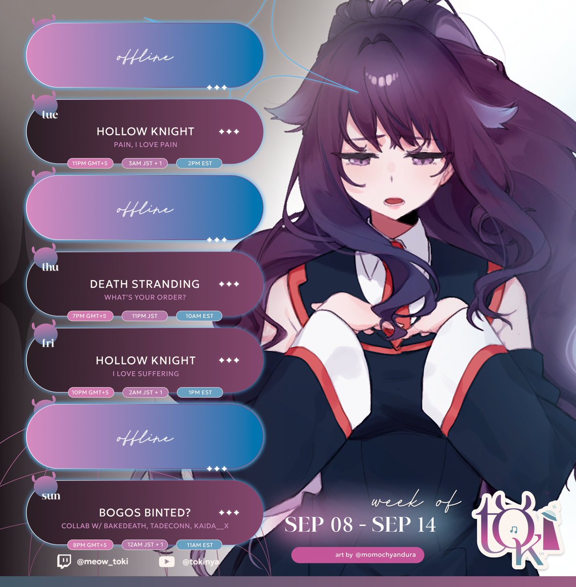 meow_toki's tweet photo. 📅 Schedule for the week (Sep 8 – Sep 14)

Why do we live?.. just to suffer...

🎨 #TOKIstration

artwork: https://t.co/h8L8CiEzHS
schedule overlay: https://t.co/r29xBWwlJZ https://t.co/tC256S3Xmn