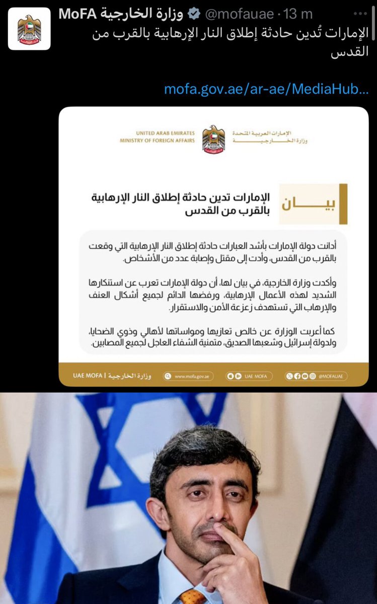 دويلة الإمارات تدين وتستنكر العملية التي استهدفت إ،،،ـرائيليين في القدس صباح هذا اليوم عبر بيان رسمي!

الضرب ضد الكيـ.ـان والآلام في #دويلة_الإمارات