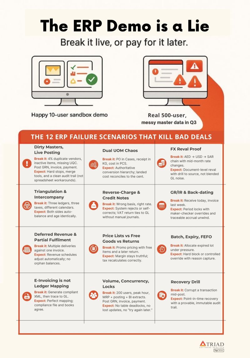 Triad_Software's tweet image. This 12-step failure checklist has killed more bad ERP deals than RFPs. 
Any ERP looks fine in a demo. 
The real test?
 Dirty masters, dual UOMs, angry auditors. 
If 3 turn red, pause the project. 
Cheaper to break a demo than bleed in go-live. 
#ERP #Sage #CFO