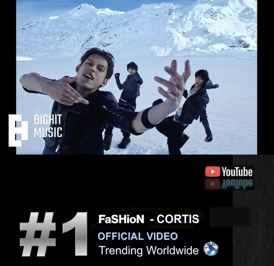 WORLDMUSICAWARD's tweet photo. #CORTIS excell in vocals, lyrics, visuals, choreo &amp; coolness in new MV for their latest Pop Rock bop ‘FaSHioN,’ trending at No. 1 Worldwide on YouTube! 💪🆕❄️📽️💥1⃣🌎🔥👑👑👑👑👑🤍 

WATCH AGAIN: https://t.co/BUPM4sFkyT

@Cortis_BigHit https://t.co/Qy4tetSIo0
