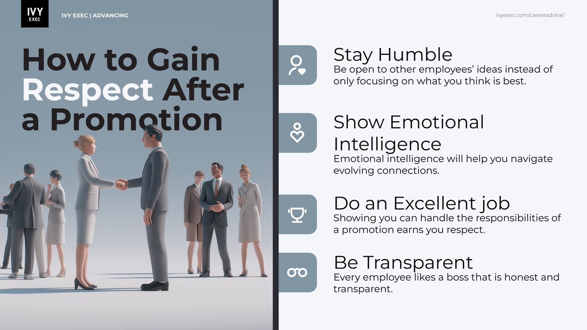 IvyExec's tweet image. A promotion is exciting but it also comes with new challenges. ⚔️

Discover practical ways to gain trust and authority in your new position in our article. 

The link to the full article: 👇 
bit.ly/4gddYKF

#careeradvancement #promotiontips #leadershipdevelopment