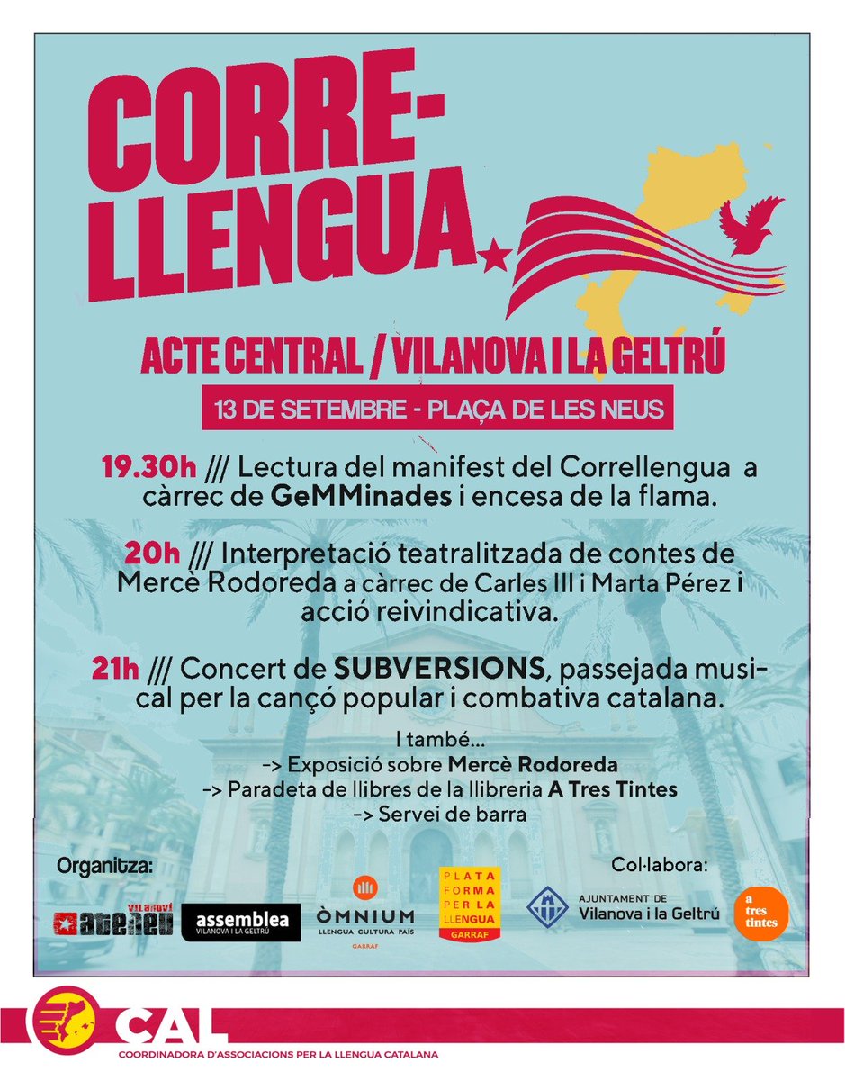Ateneuvilanovi's tweet image. 📅 13/9 | Plaça de les Neus, Vilanova i la Geltrú
🔥 CORRELLENGUA 2025!

🕢 19.30h Lectura del manifest i encesa de la flama
🎭 20h Lectura teatralitzada de contes de Mercè rodoreda
🎶 21h Concert @Subversions9 

Llengua, cultura, llibertat!