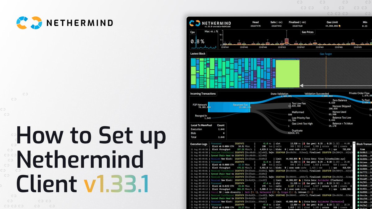 NethermindEth's tweet image. The anticipated Nethermind UI is here. 🎉
With Nethermind v1.33.1, you can finally try the new dashboard experience for your node.
It’s the initial release, but ready for you to explore and share feedback.
Here’s how to get started 👇
1/