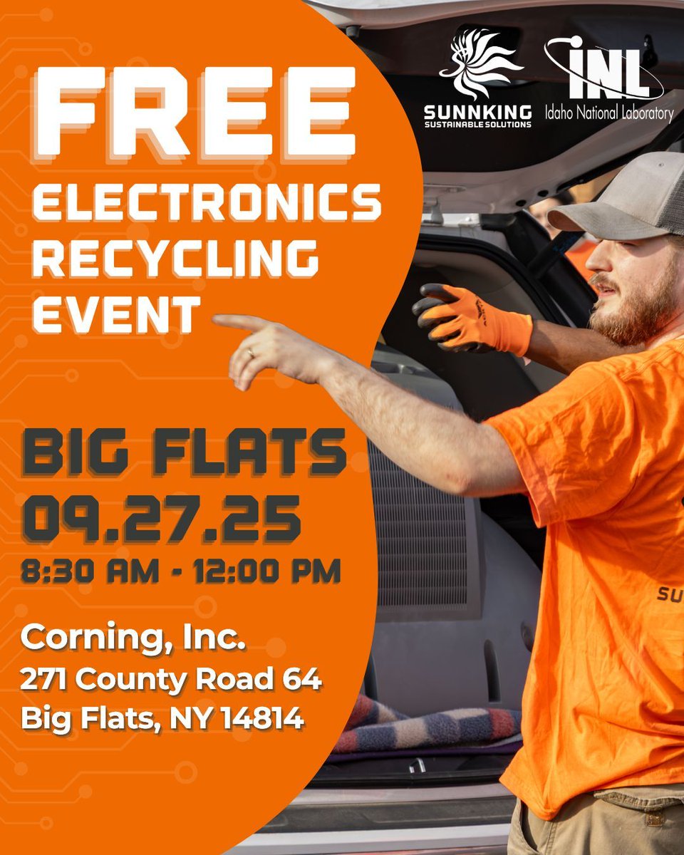 ♻️✨ Big Flats, we’re coming your way! ✨♻️

Join Sunnking Sustainable Solutions for a FREE electronics recycling event on Friday, September 27th at Corning Inc., 271 County Road 64,  Safely recycle your old TVs, computers, phones, and more!