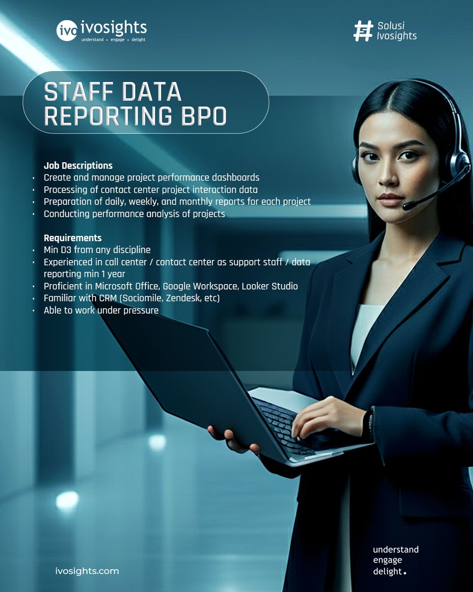 ivosights's tweet image. OPEN HIRING! Ivosights lagi cari talenta terbaik buat join tim kami
Posisi yang tersedia:

👉 Sr. Accounting &amp;amp; Finance
👉 AR Collection
👉 Sr. Business Development
👉 Staff Data Reporting BPO
📩 Apply: recruitment@ivosights.com / tiny.cc/IvoHiring

#Ivosights #OpenHiring