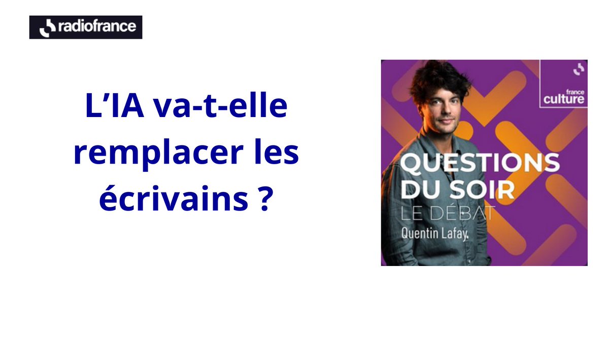 [#HLP] L'humanité en question 
[#Philosophie] L'art | La technique 
<a href="/franceculture/">France Culture</a> 📻 #Podcast L’IA va-t-elle remplacer les écrivains ?
✅Alexandre Gefen, directeur de recherche CNRS
✅Anne Alombert, philosophe
🔗radiofrance.fr/franceculture/…
