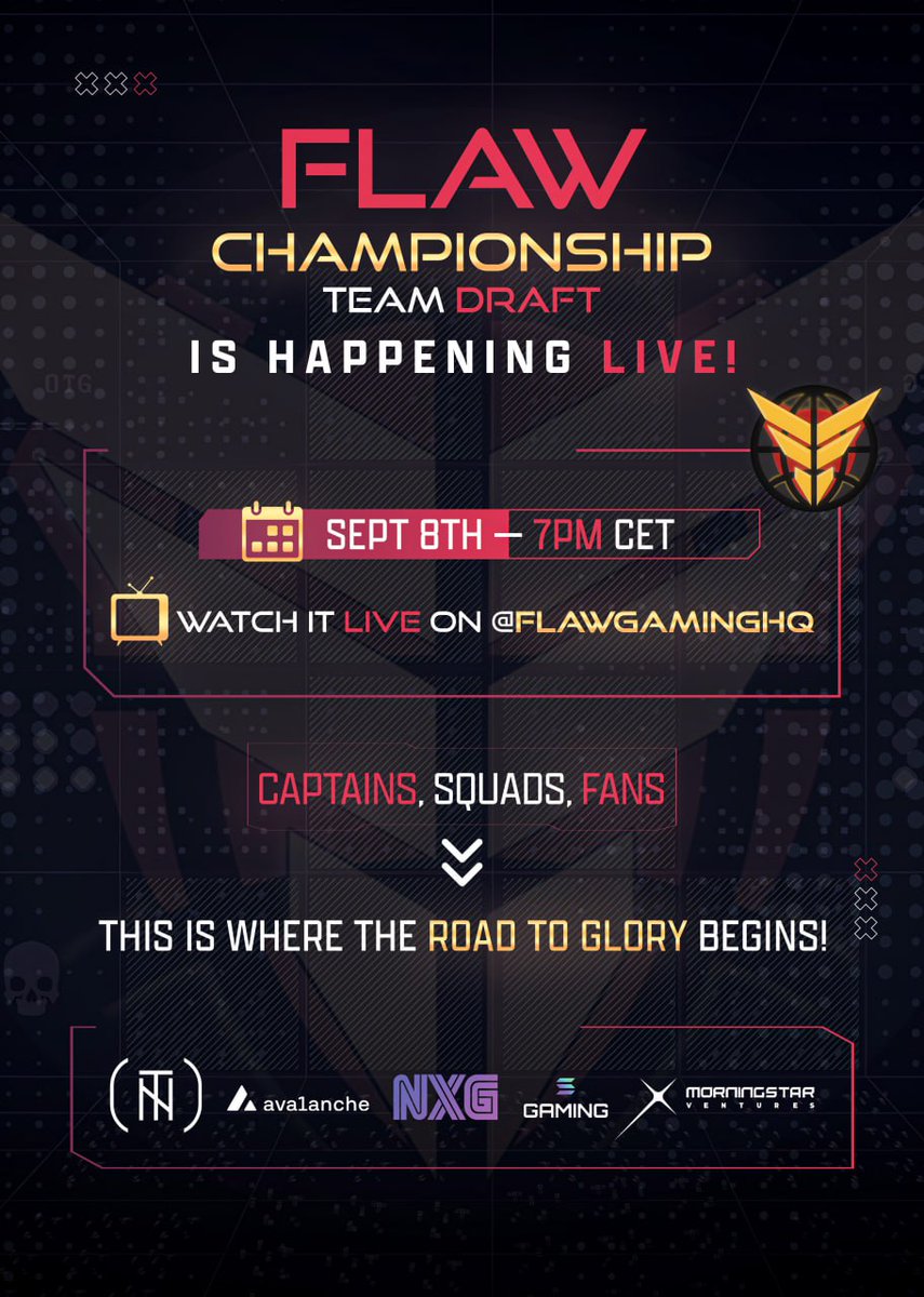 The FLAW Championship team drafting goes live today! 

<a href="/NeoTokyoCode/">NEO TOKYO</a> <a href="/avax/">Avalanche🔺</a> <a href="/NeoTokyoPlays/">NT Plays</a> <a href="/GamingOnAvax/">Avalanche Gaming 🔺</a> @playNxG <a href="/GamingOnSolana_/">Solana Gaming</a> <a href="/Morningstar_VC/">Morningstar Ventures</a>  <a href="/playoffthegrid/">Off The Grid</a> <a href="/GUNbyGUNZ/">GUNZ Official</a>