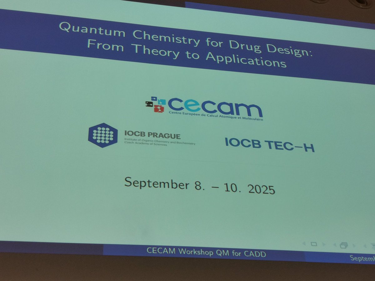 madAniceP's tweet image. Day 1 of our #CECAM Flagship Workshop in Prague started strong! 
Talks by Kennie Merz, Jan Řezáč, Markus  Rainer Hermann &amp;amp; Hamza Ibrahim sparked great discussion on #QM, #ML &amp;amp; #DrugDesign.

Thanks to @IOCBPrague, @IOCBTech  &amp;amp; @cecamEvents for support!

#compchem #DrugDesign #SQM