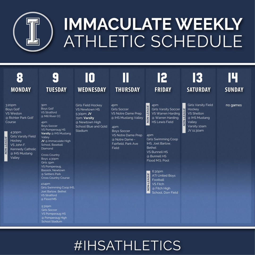 Good luck this week Mustangs!
#Give100Percent #IHSAthletics #HighSchoolSports #Athletes #MustangPride #Volleyball #FieldHockey #Soccer #Swimming #Golf #Football