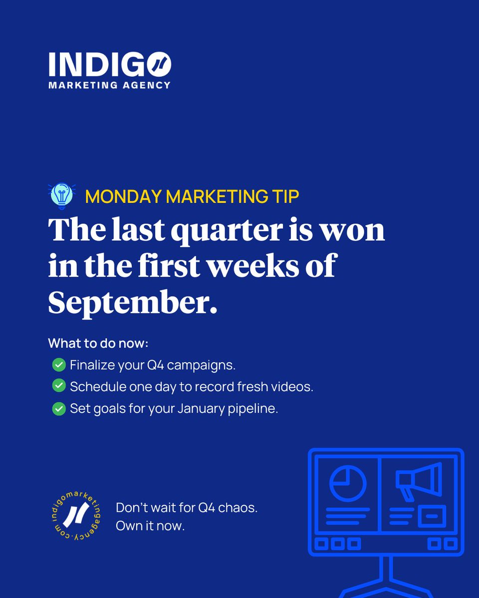 💡 Monday Marketing Tip 💡

 The last quarter is won in the first weeks of September.

What to do now:

 📌 Finalize your Q4 campaigns.
 📌 Schedule one day to record fresh videos.
 📌 Set goals for your January pipeline.

Don’t wait for Q4 chaos. Own it now.