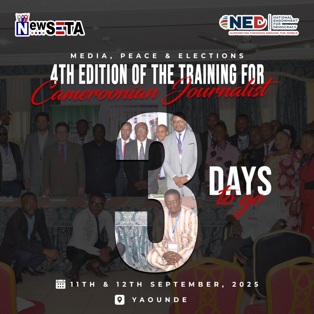 NewSETA's tweet photo. We are counting down to the Training for Cameroonian Journalist 2025
________________
Nous comptons les jours avant la Formation des Journalistes Camerounais 2025.
#peacebuilding
#elections
#JournalistTraining
#Newseta https://t.co/4qC6UyYoRa