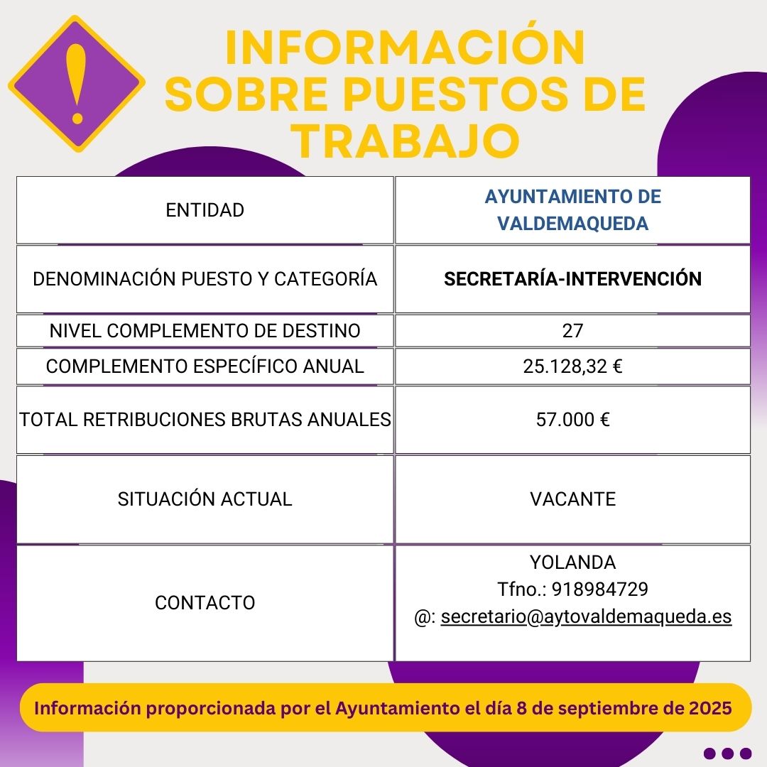INFORMACIÓN SOBRE PUESTOS DE TRABAJO: AYUNTAMIENTO DE VALDEMAQUEDA