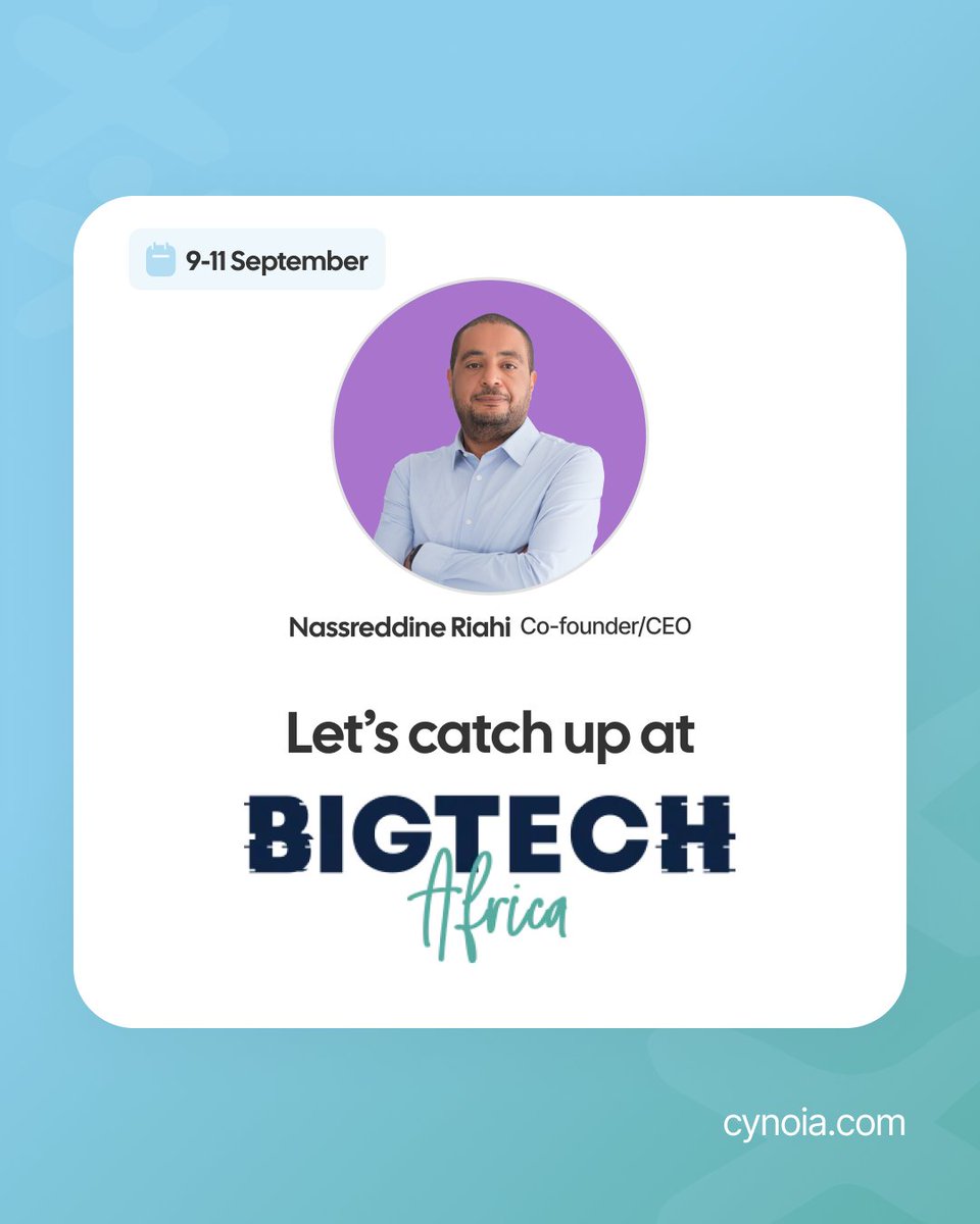 n_riahi's tweet photo. Du 9 au 11 septembre, je serai à BIGTECH Africa 2025 aux côtés de leaders et acteurs technologiques qui font bouger l'Afrique.
Avec Cynoia, nous apportons une réponse concrète aux défis de collaboration, de productivité et de gestion de projets pour les entreprises africaines. https://t.co/np8uRfoULe
