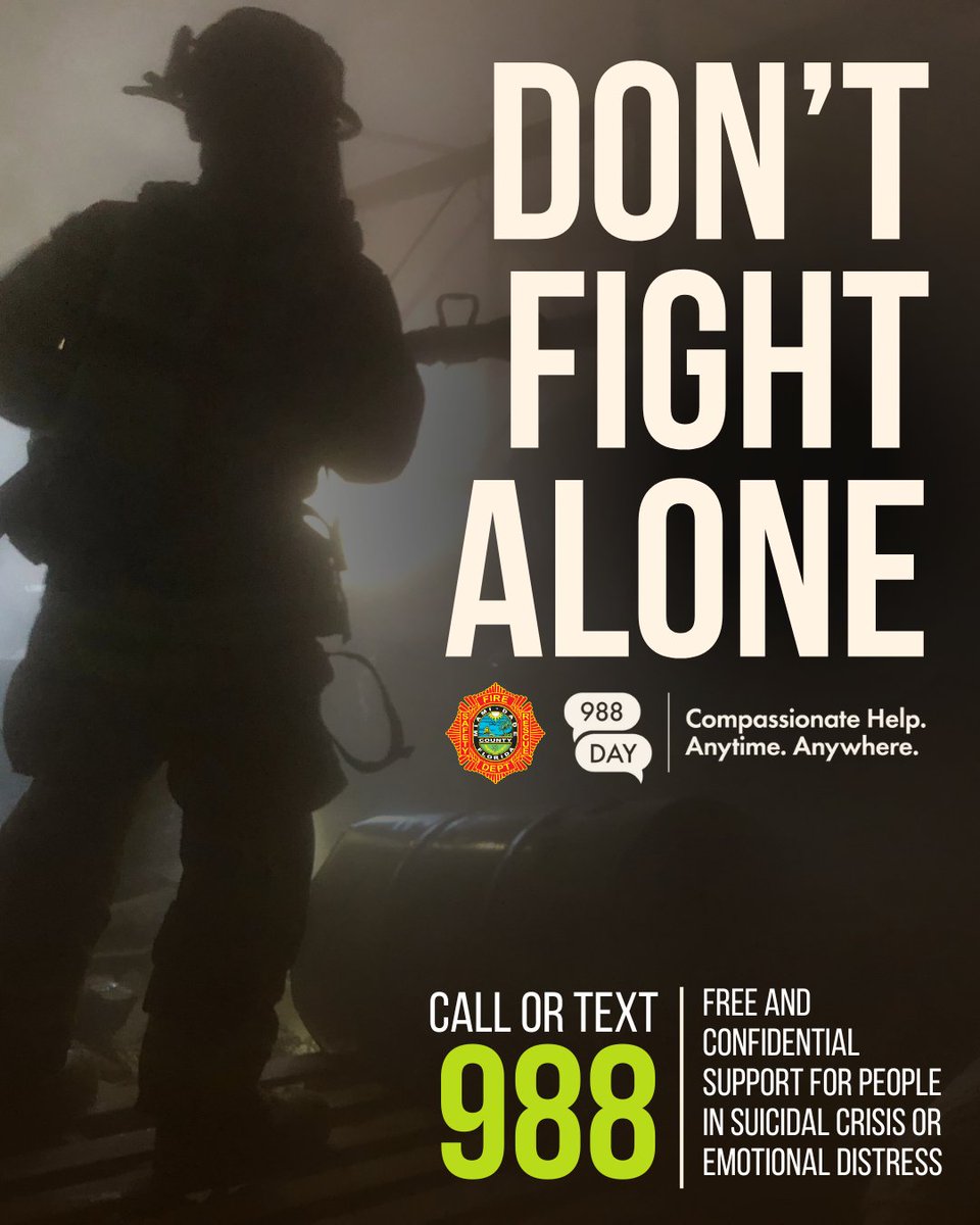 Today, on #988Day, Miami-Dade Fire Rescue (#MDFR) reminds our community: help is just a call, text, or chat away. The 988 Suicide &amp; Crisis Lifeline is available 24/7/365 for free and confidential conversations. Whether you’re a firefighter, a loved one, or a member of our