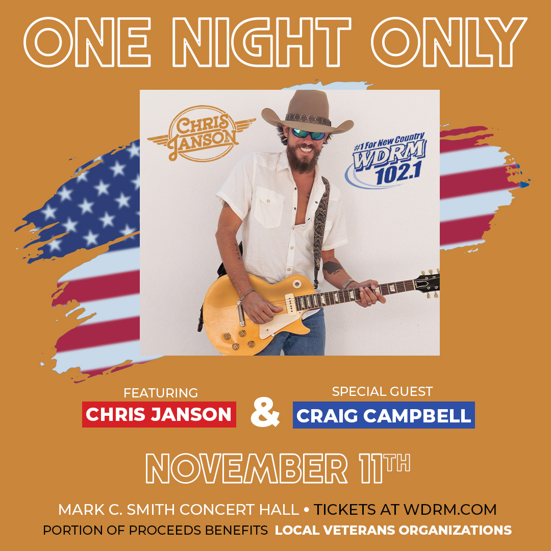 JUST ANNOUNCED!

<a href="/WDRMRadio/">102.1 WDRM</a> presents "One Night Only," November 11 at the #VBChsv Mark C. Smith Concert Hall!

Enjoy performances by <a href="/janson_chris/">Chris Janson</a> and <a href="/craigcampbelltv/">Craig Campbell</a>!Tickets available this Friday, September 12 at 10:00 a.m.

📲 bit.ly/WDRMOneNightOn…