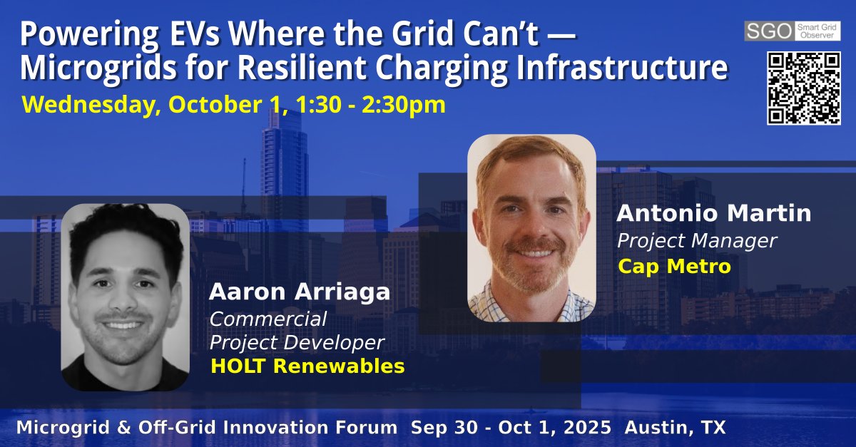 HOLT Renewables (@holtrenewables) on Twitter photo Join us at the 20th Microgrid & Off-Grid Innovation Forum in Austin.
On October 1st, don’t miss Aaron’s Arriaga's: “Powering EVs Where the Grid Can’t – Microgrids for Resilient Charging Infrastructure.” 
Register here: bit.ly/4p9oo1Z
#HOLTRenewables Join us at the 20th Microgrid & Off-Grid Innovation Forum in Austin.
On October 1st, don’t miss Aaron’s Arriaga's: “Powering EVs Where the Grid Can’t – Microgrids for Resilient Charging Infrastructure.” 
Register here: bit.ly/4p9oo1Z
#HOLTRenewables