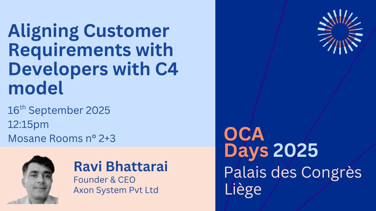 #OCADays2025

📣  Aligning Customer Requirements with Developers with C4 model 
📣  Ravi Bhattarai from Axon System Pvt Ltd 
📣 More details: odoo-community.org/event/oca-days… 

📅  16th September 2025
⏰ 12:15pm
🎟️ Register here: odoo-community.org/event/oca-days… 

#odoocommunityassociation