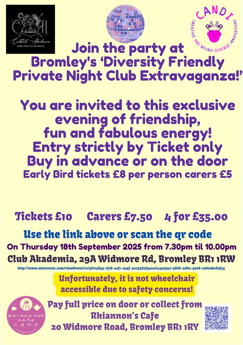 Diversity-Friendly Night Club Extravaganza
Inclusive night of music &amp; fun 🎶 Organised by Candi.
📅 18 Sept 2025, 7.30–10pm, Club Akademia, Bromley.
🎟️ Early bird £8 / Carers £5.
⚠️ Venue not wheelchair accessible.

Book here: 🔗 wixevents.com/viewEvent/v2/5…
