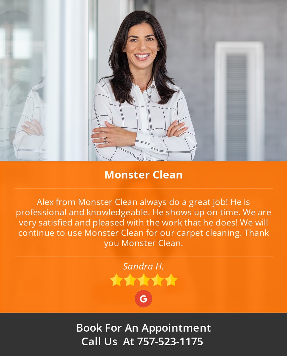 MonsterCleanVA's tweet image. 5 Star: Sandra H. "Alex from Monster Clean always do a great job! He is professional and..."