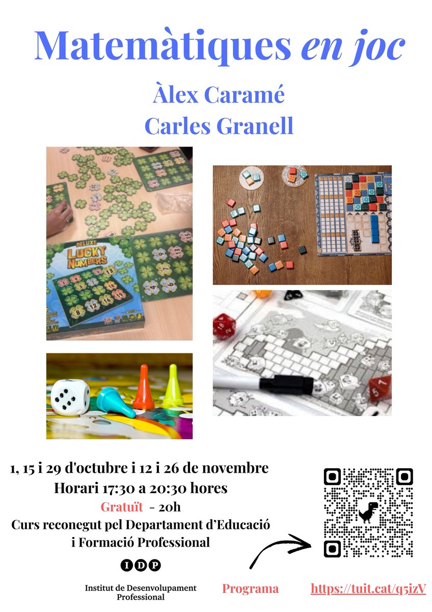 🎲 Matemàtiques en joc
Aprendre matemàtiques jugant amb <a href="/acarame/">Àlex Caramé</a>  i <a href="/CarlesGranell4/">Carles Granell</a> 
#AprendreJugant #FormacióDocent #Matemàtiques <a href="/educaciocat/">Educació</a> <a href="/consorciedubcn/">Consorci d'Educació</a> <a href="/laboratorijocs/">Laboratori de Jocs</a>
