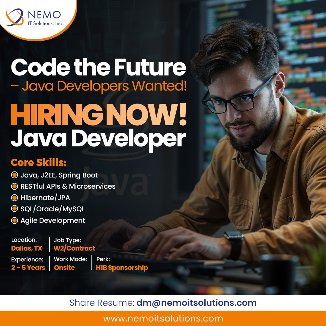 nemoitsolutions's tweet image. 🚀 Step into an exciting role as a Java Developer and contribute to building cutting-edge solutions.
📩 Share your resume: dm@nemoitsolutions.com
.
.
.
#JavaDeveloper #HiringNow #DallasJobs #JavaJobs #SpringBoot #Microservices #SQLDeveloper #TechJobs #JobOpportunity #NowHiring