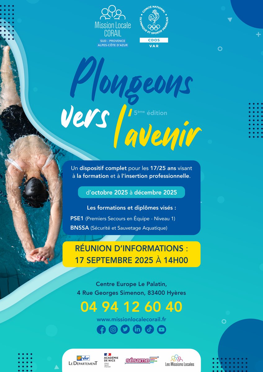 🚀 3 mois pour donner un nouvel élan à sa vie avec « Plongeons vers l'avenir » ! 🤩

📅 Rendez-vous le mercredi 17 septembre 2025 dès 14h pour découvrir ce #programme destiné aux 17-25 ans.

🎓 Passe ton #diplôme et booste ton #employabilité avec le <a href="/CDOS83/">Comité Olympique Var</a> ! 💪
