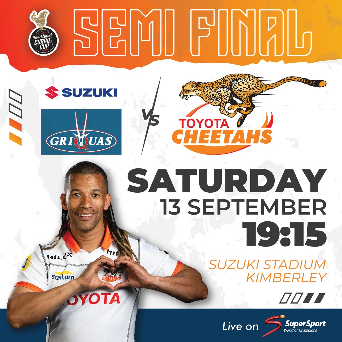 CheetahsRugby's tweet photo. π·Match Alert! π·
Currie Cup Semifinal
Griquas π· Toyota Cheetahs
π· Saturday, 13 Sep | π· Kick-off: 19:15
π· Suzuki Stadium, Kimberley
Get ready for big hits, fast plays & fearless rugby! π·π·
#ToyotaCheetahs #FastFearless #OrangeFamily #LegendaryToughness
@ToyotaSA https://t.co/17Zm3xtxBE