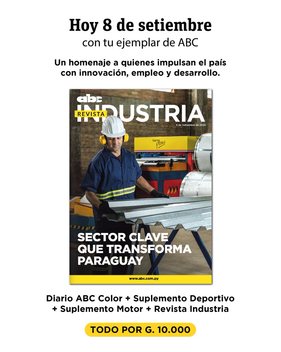 ABCDigital's tweet image. Hoy, con tu ejemplar de #ABCColor, llega la revista Industria.

La misma es un homenaje a quienes impulsan el país con innovación, empleo y desarrollo.

💰 Diario + suplementos + Revista Industria: G. 10.000