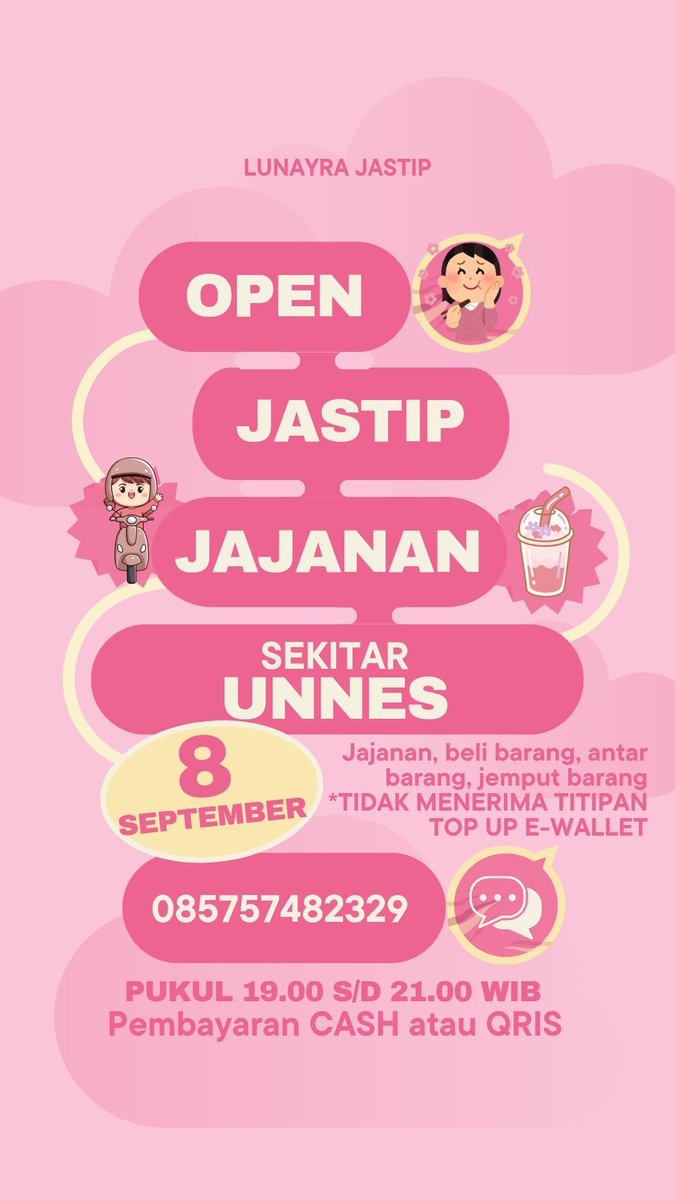 basoacipedasbro's tweet photo. *🎀READY JASTIP AREA UNNES🎀*

Open dari jam 19.00 sampai 21.00 WIB yaa... 🤗
Fee langsung tanya di nomor ini aja : https://t.co/bDIH71P1gK https://t.co/JYAutoJqUj