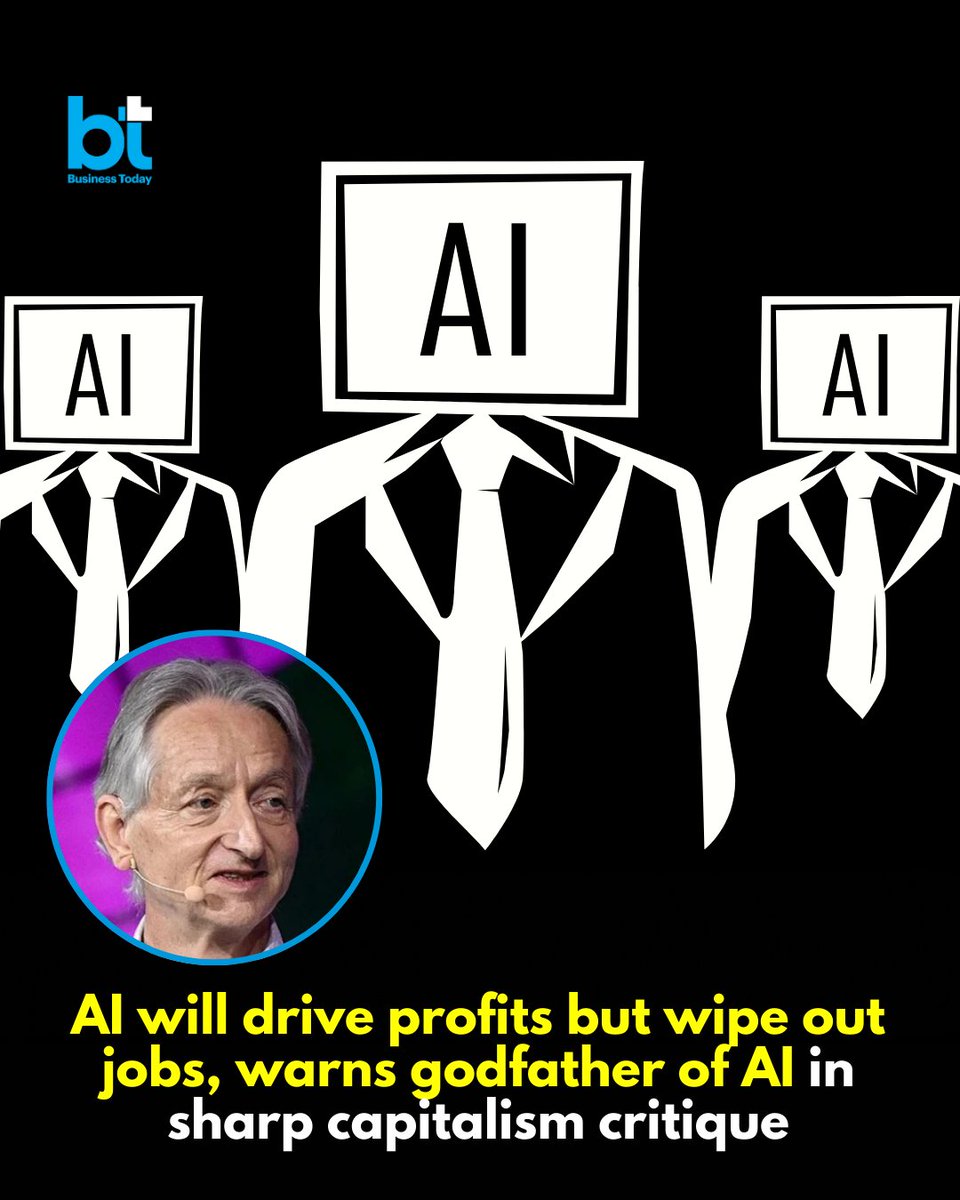 business_today's tweet image. #TechToday | #GeoffreyHinton, often called the “godfather of #ArtificialIntelligence,” has warned of deep #economic disruption as AI accelerates. 

In a recent media interview, Hinton said #AI will boost corporate profits — at the expense of human #jobs — fuelling inequality and