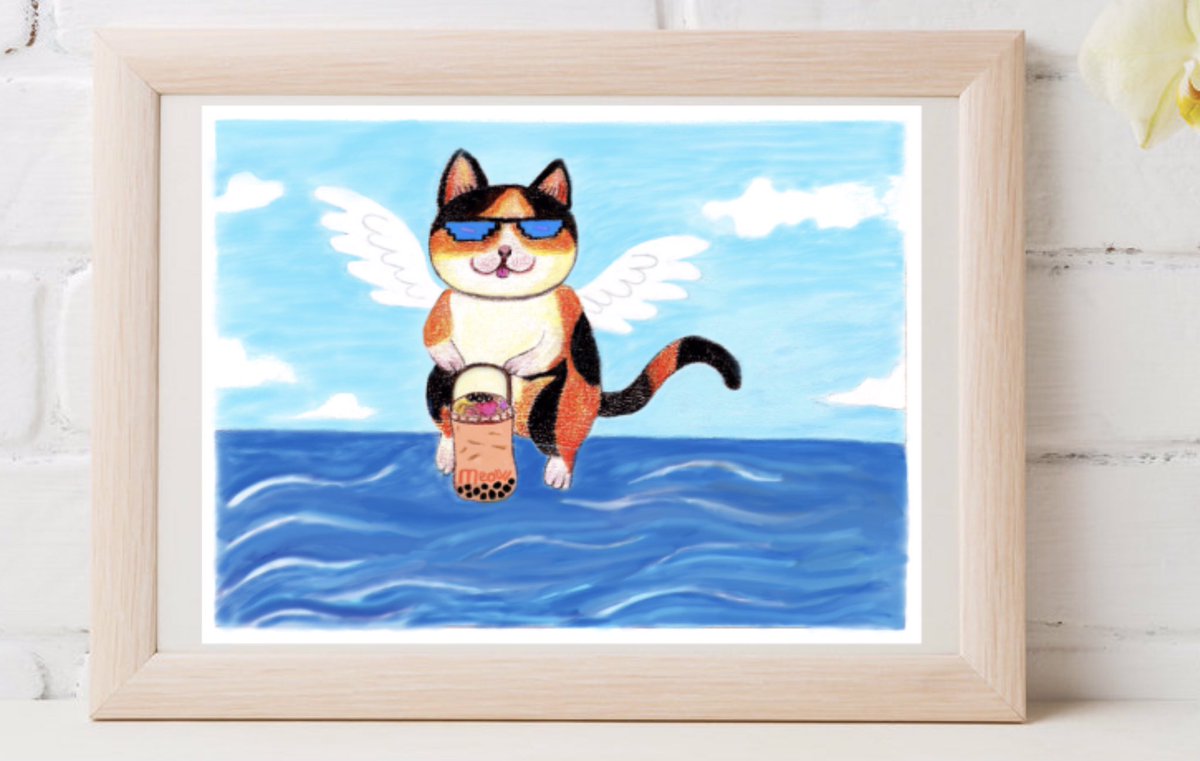 Kamiorart's tweet photo. A flying cat, a bucket tea, and a sky full of peace 
Hand drawn artwork with digital touch available on Etsy shop -> https://t.co/bo4jaoVlxs
#kamiora #catlover #catart #etsy #etsyshop https://t.co/GqLjGRkDgi