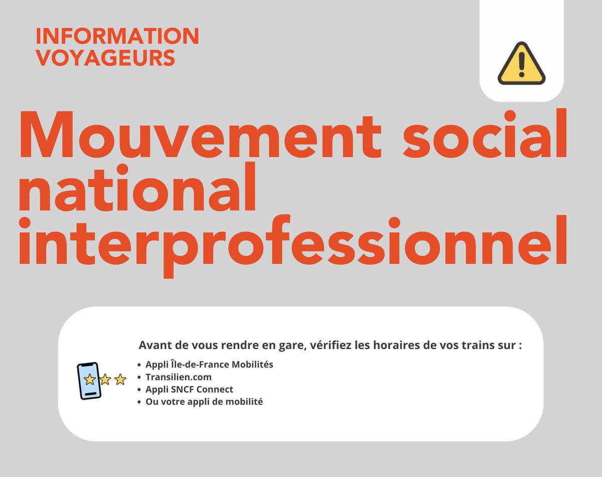 LIGNEJ_SNCF's tweet photo. ⚠️ #InfoTrafic #LigneJ :

Mercredi 10 septembre - Mouvement social national interprofessionnel. 

Trafic perturbé sur la ligne J. 

Retrouvez les horaires des trains qui circuleront la veille dès 17h sur : ⬇️ https://t.co/a4REpnO4GW