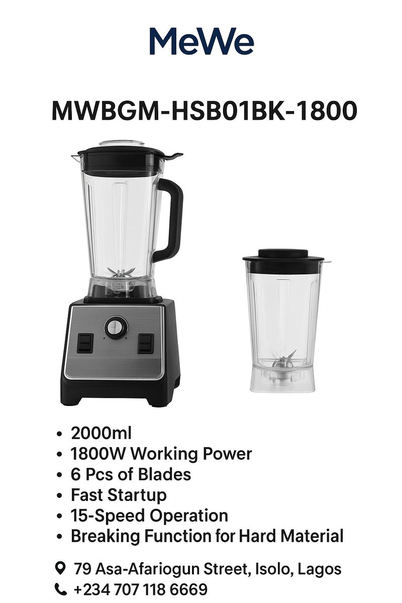 MeweElectronic2's tweet photo. ⚡ Power meets Performance! Blend faster, smoother, and stronger with the MWBGM-HSB01BK-1800.
#MeWe #Blender #KitchenAppliance #SmoothieLovers #HealthyLiving #HomeEssentials https://t.co/GnT8kEY8vf
