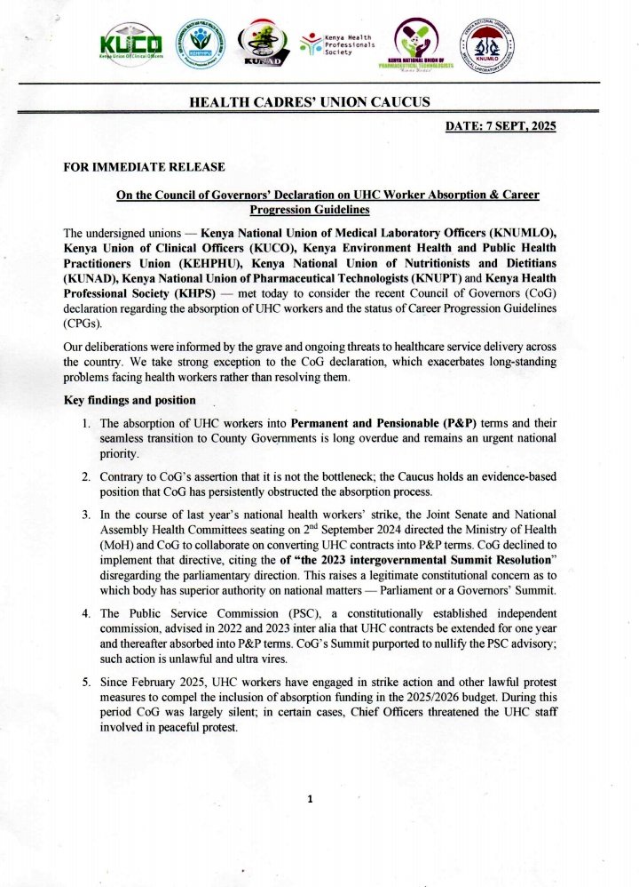 uhckenya254's tweet photo. Breaking News:

Health unions issue an ultimatum 21 - day strike notice over UHC staff absorption or face nationalwide health crisis.

No PnP No Work #October2025
#PnPnow #PnPseptember

Cc:
@MOH_Kenya, 
@HonAdenDuale, 
@fnoluga, 
@psmuthoni, 
@WilliamsRuto, 
@KenyaGovernors https://t.co/MfeqQoTNg2
