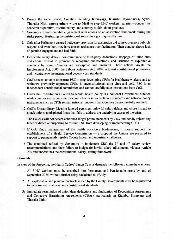 uhckenya254's tweet photo. Breaking News:

Health unions issue an ultimatum 21 - day strike notice over UHC staff absorption or face nationalwide health crisis.

No PnP No Work #October2025
#PnPnow #PnPseptember

Cc:
@MOH_Kenya, 
@HonAdenDuale, 
@fnoluga, 
@psmuthoni, 
@WilliamsRuto, 
@KenyaGovernors https://t.co/MfeqQoTNg2