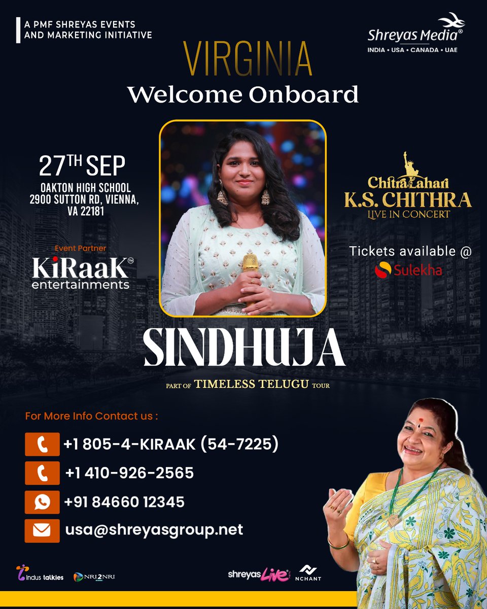 shreyasmedia's tweet photo. Singer #Sindhuja joins the Timeless Telugu Tour with #KSChithra Live in at #ChitraLahari Concert, Virginia💖💫 

📍 27th September | Oakton High School, Vienna, VA

Book Your Passes🎟️  https://t.co/aObtulh0Lc

#KSChithraLiveInConcert https://t.co/y07keedDSF