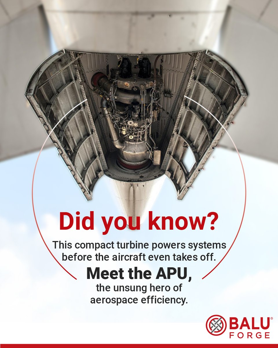 BaluForge's tweet image. Before takeoff power kicks in, aircraft rely on the APU, small yet vital. At Balu Forge, we craft precision APU components that deliver ground power, enable engine starts, and ensure flight readiness. Compact design, critical performance.
#BaluForge #AerospaceEngineering #APU