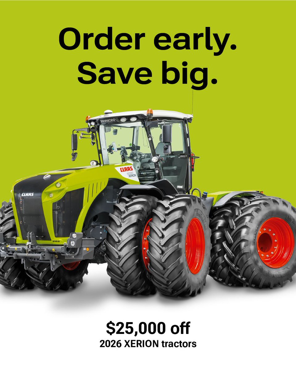 Looking for a new tractor? Get $25,000 off a 2026 XERION tractor with the CLAAS Order Early Save Big event! ​​More horsepower, stronger traction, unrivaled performance and profitability. Ends September 30. Call us today at (204) 727- 1050