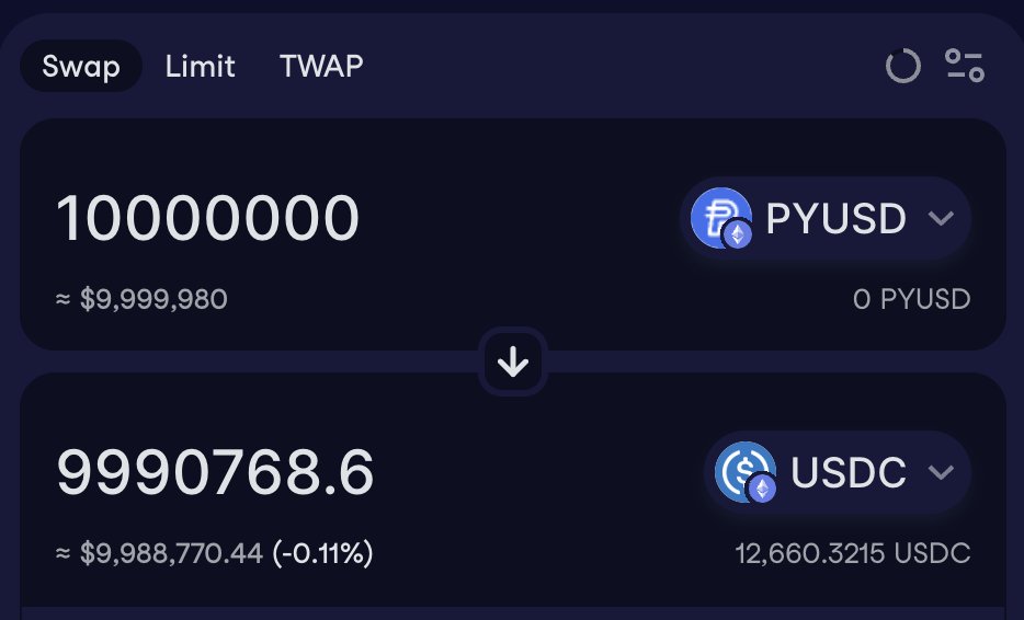 1000万PYUSDをUSDCにスワップしたUniswap画面（0.11%のスリッページを表示）