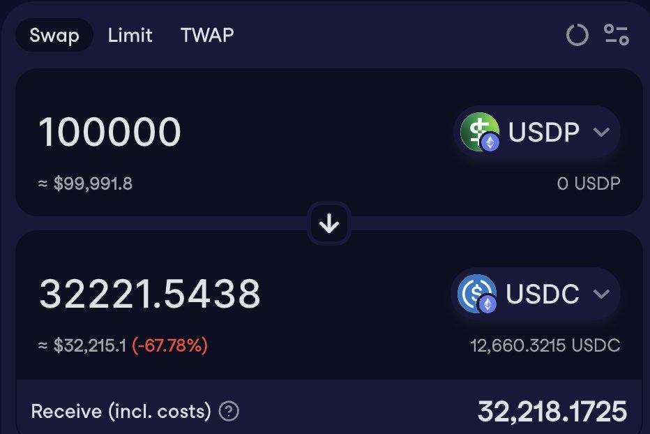1億PYUSDをUSDCにスワップした大口のUniswap画面（スリッページの懸念が増大）