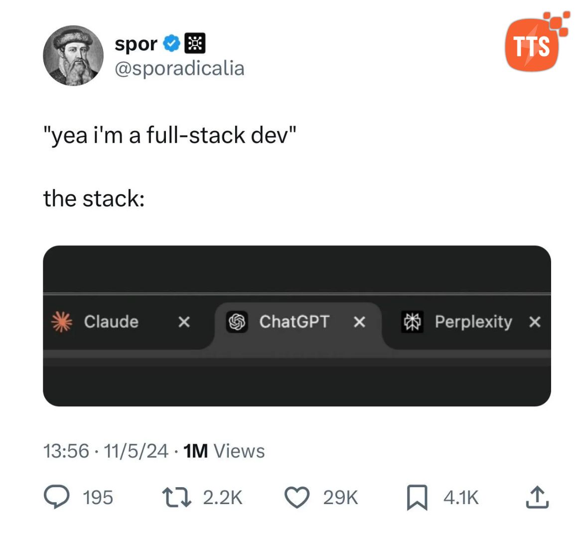 parag_nandy's tweet image. When you say you&apos;re a &quot;full-stack dev&quot; in 2025, but your tech stack is just AI tabs 😅
Claude • ChatGPT • Perplexity
#AIstack #devlife #fullstackdev