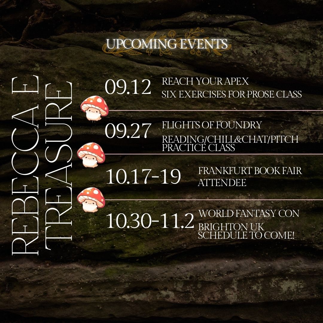 I’ve got a busy autumn 🍂 and would love to connect with new and old friends! 🍄‍

I’m teaching a Reach Your Apex class this week, I’m at Flights of Foundry later this month, attending Frankfurt Book Fair and World Fantasy Con in October!