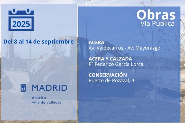 📢Estas serán las actuaciones en vía pública que se realizarán entre los días 8 y 14 de septiembre en #VillaDeVallecas👇

🌳Actuaciones en zonas verdes 👉 informate.madrid.es/g4fss4

🙏 Disculpen las molestias🙏