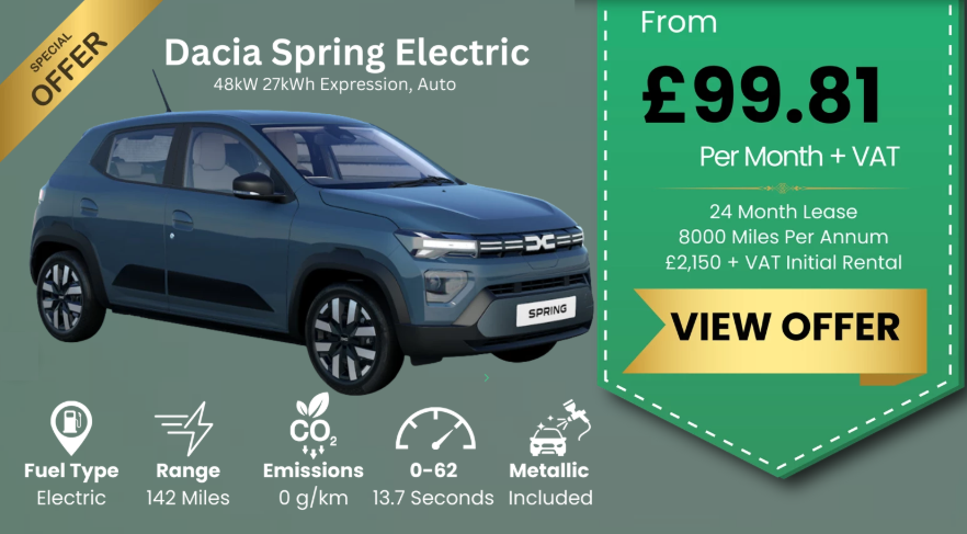 GBCarLeasing's tweet photo. ⚡ 𝗗𝗮𝗰𝗶𝗮 𝗦𝗽𝗿𝗶𝗻𝗴 𝗘𝗹𝗲𝗰𝘁𝗿𝗶𝗰 48kW Expression Auto ⚡
🔥 From £99.81 + VAT/month! 🔥
✔ 24 Month Lease | 8,000 Miles/Year | £2,150 + VAT Initial
🌱 Zero Emissions | 🔋 142-Mile Range
👉 View Offer: https://t.co/enQuNTz5mo
#DaciaSpring #ElectricCar #GBCarLeasing https://t.co/4934JPL1lm