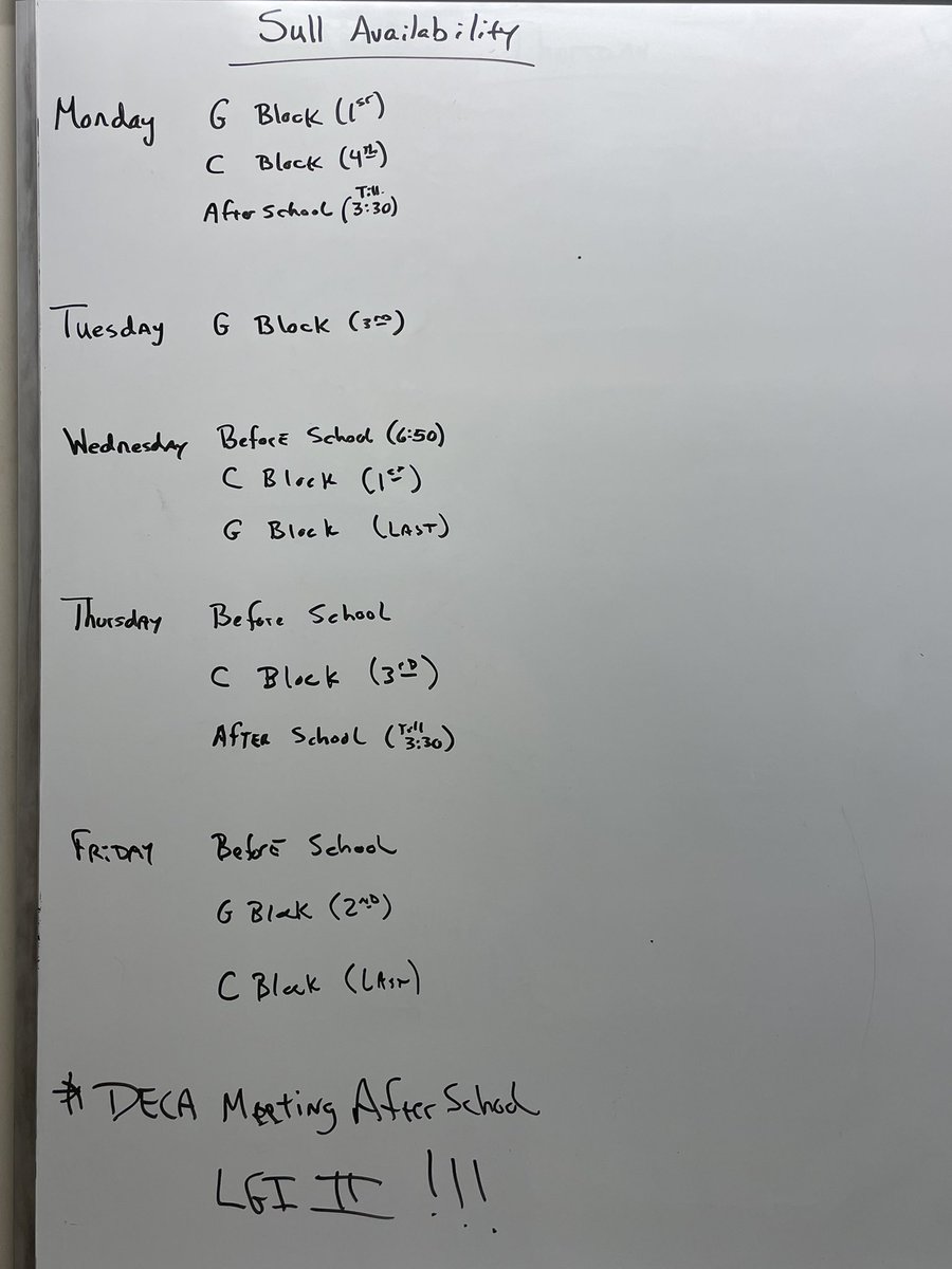 TMHS DECA Students, or those needing any extra help, here’s Sull’s availability for this week! Swing by his room and grab a time to meet with him!!! #LetsGo TMHS DECA is #AllIn